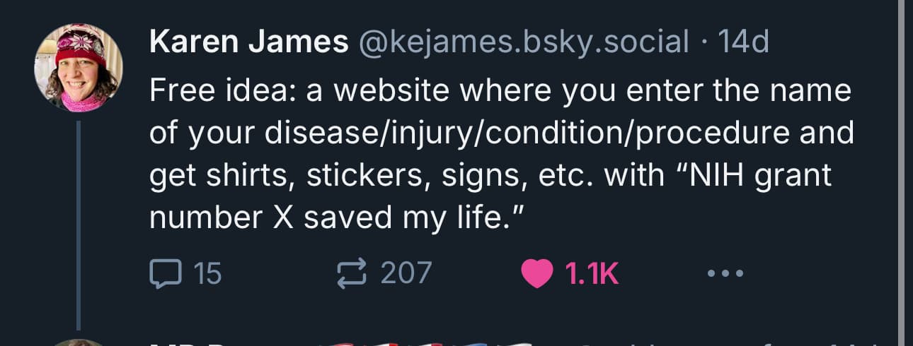 Social media post on bluesky by Karen James @kejames.bsky.social. Content: Free Idea, a website where you enter the name of your disease/injury/condition/procedure and get shirts, stickers, signs, etc. with NIH grand number X saved my life.